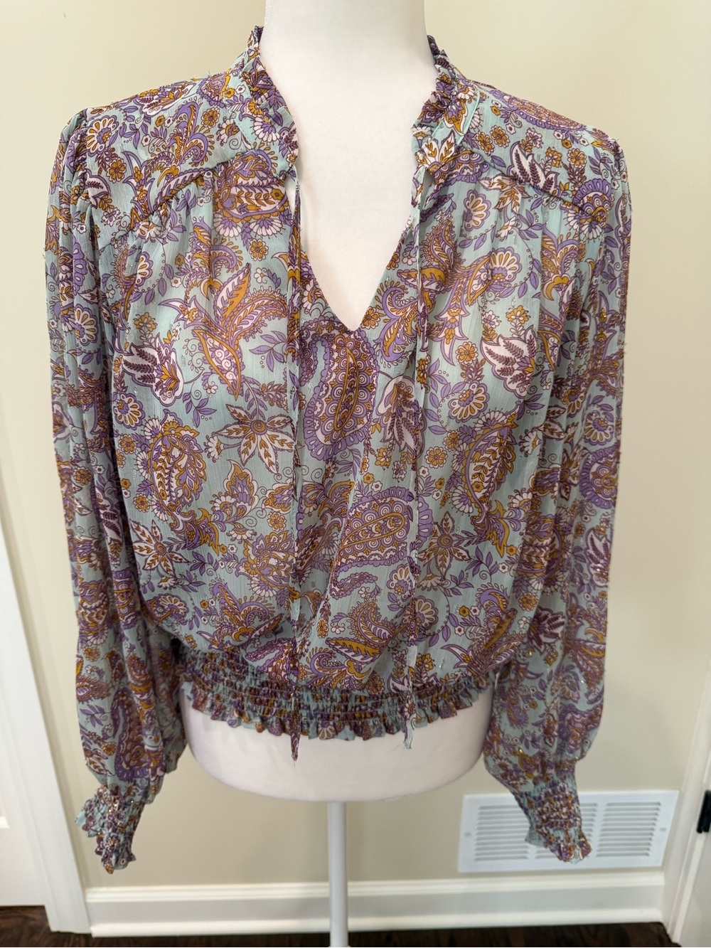 Rachel Zoe Lavender and Gold Paisley V-Neck Smocked Blouse